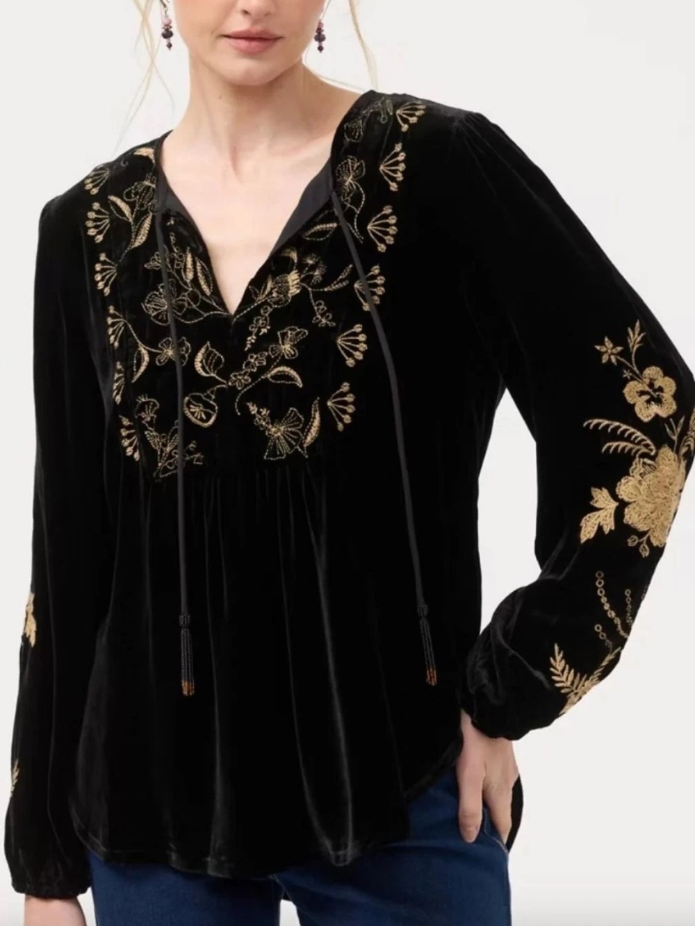 Embroidered Johnny Was Velvet Peasant Blouse - Black with Gold Accents